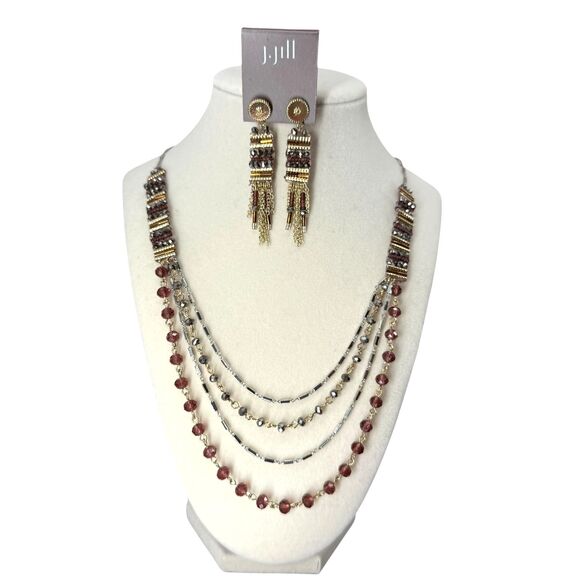 J. Jill Beaded Necklace Fringe Earrings Set Mixed Metal Faceted Iced Statement - Picture 2 of 15